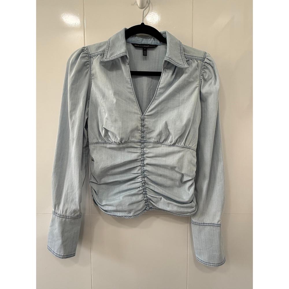White House Black Market Chambray Ruched Button Front Blouse Size 0 Y2K